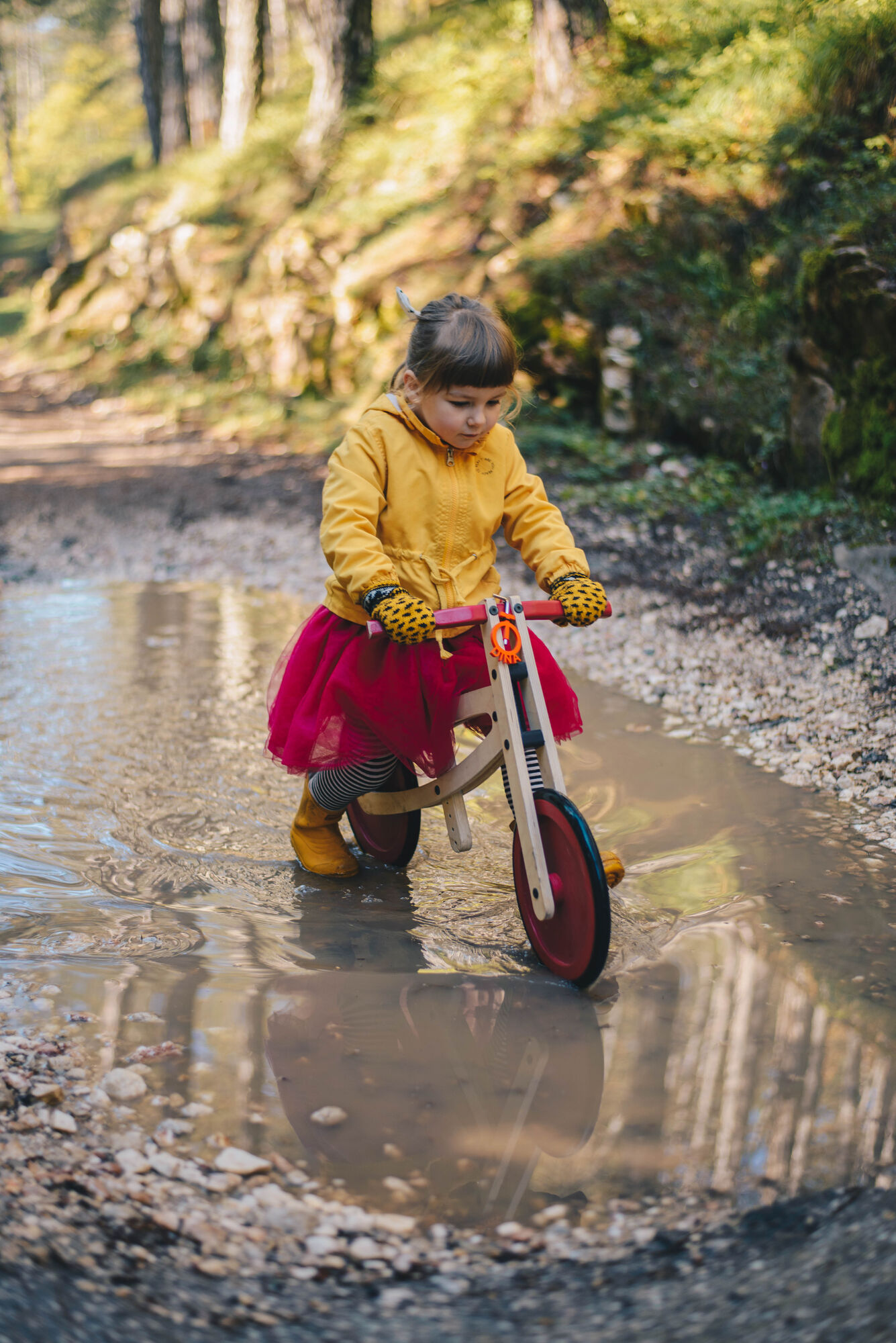 A child rides a Tochak balance bike through a puddle in an autumn forest, reflected in the water below.