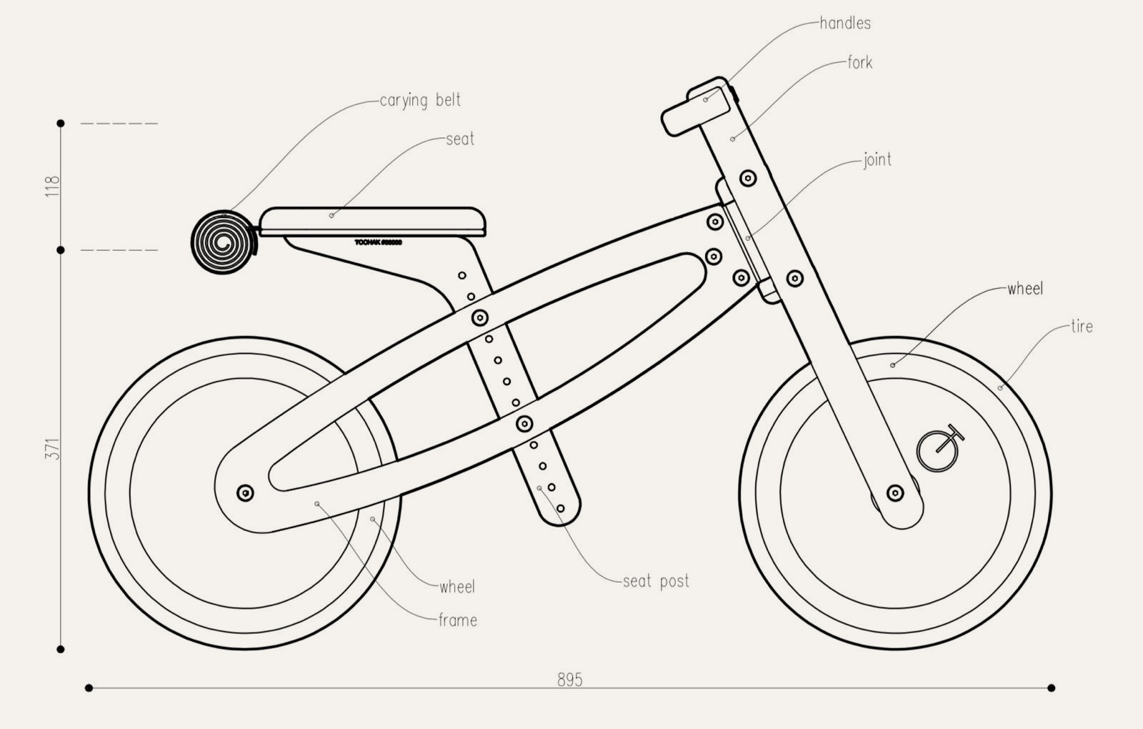 Annotated technical side view of the Tochak balance bike, labelling the handles, fork, joint, wheel, tire, frame, seat, seat post and carrying belt.